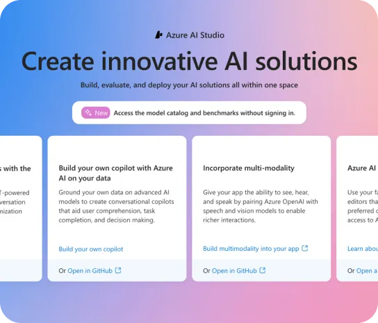 Azure AI Studio interface showing options to create innovative AI solutions, build a copilot on your data, incorporate multi-modality, and access model catalog without signing in.