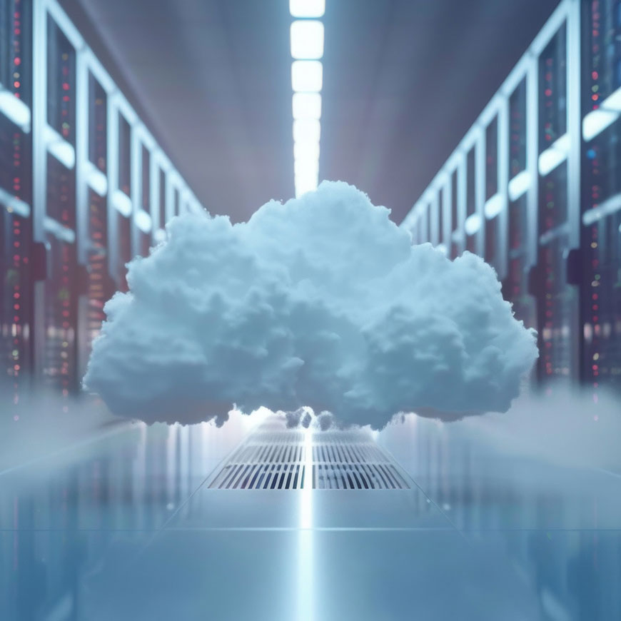 Illustration of a cloud in a server room representing cloud migration and digital transformation.