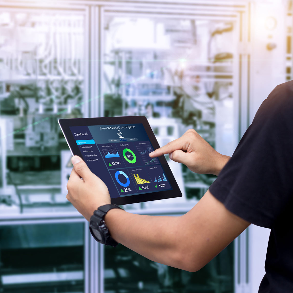 Person using tablet to monitor AI process automation in industrial setting.