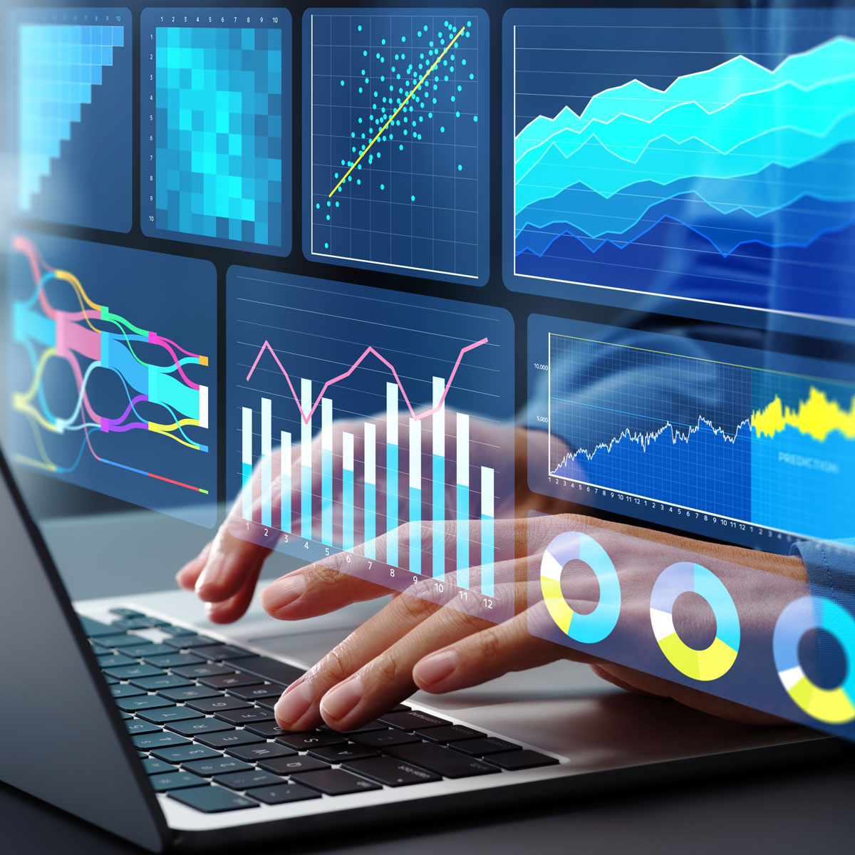 Hands typing on laptop showing graphs and charts; data analysis results displayed in various visual formats.