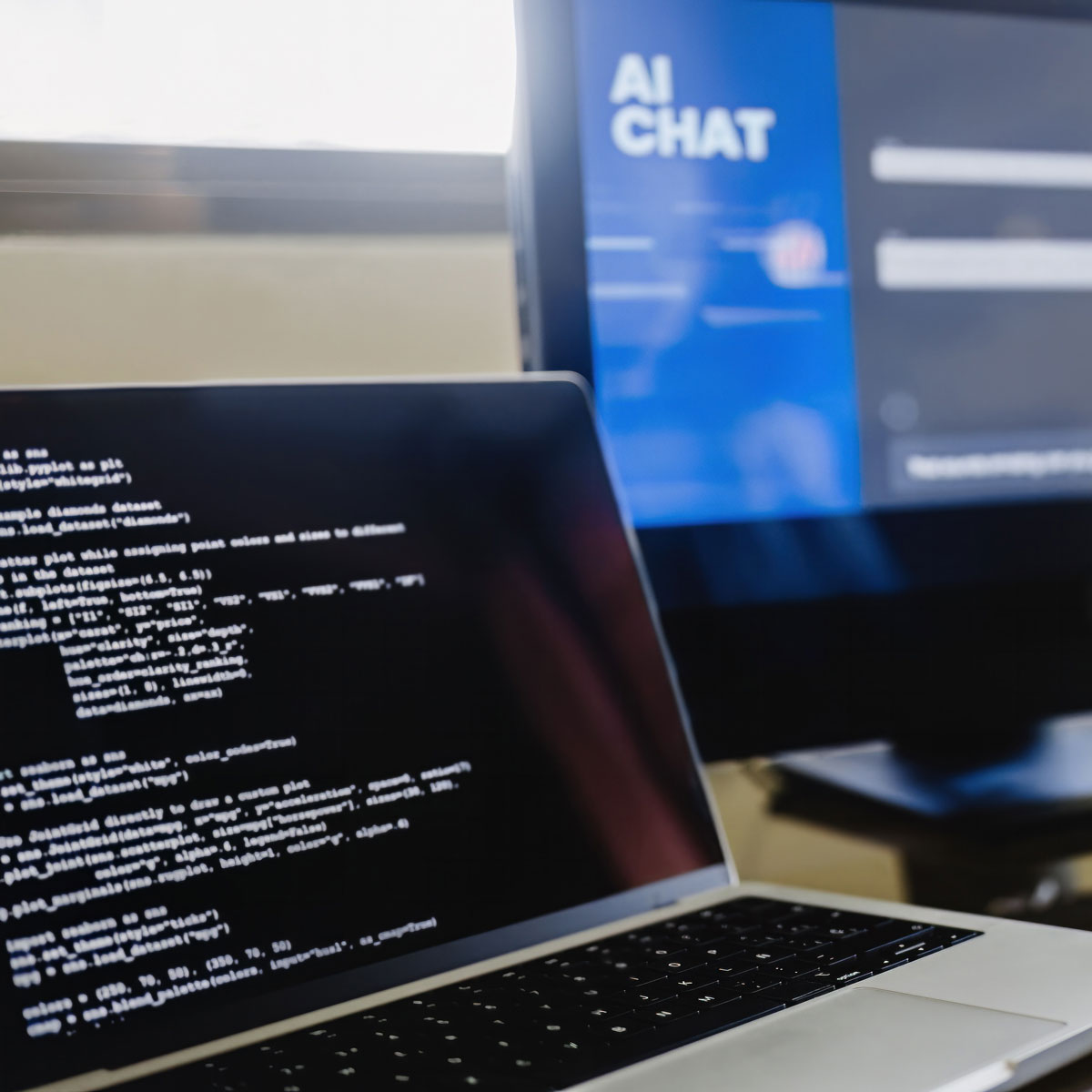 Laptop displaying code for custom GPT in a business setting with AI chat on screen in the background.