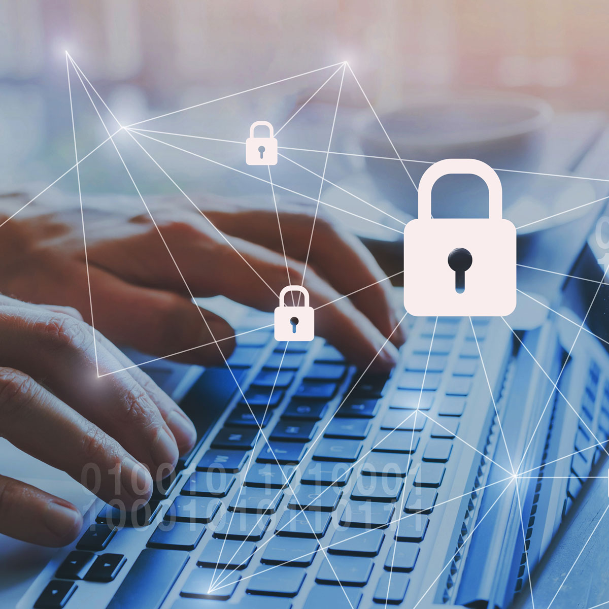 Hands typing on a keyboard with digital padlocks, symbolizing data security and custom LLM technology.