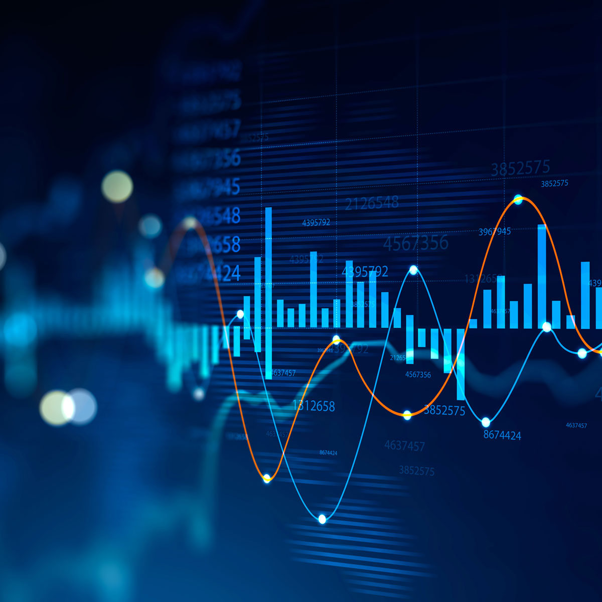 Digital chart with glowing blue and orange lines, depicting financial data trends and analytics in a futuristic style.