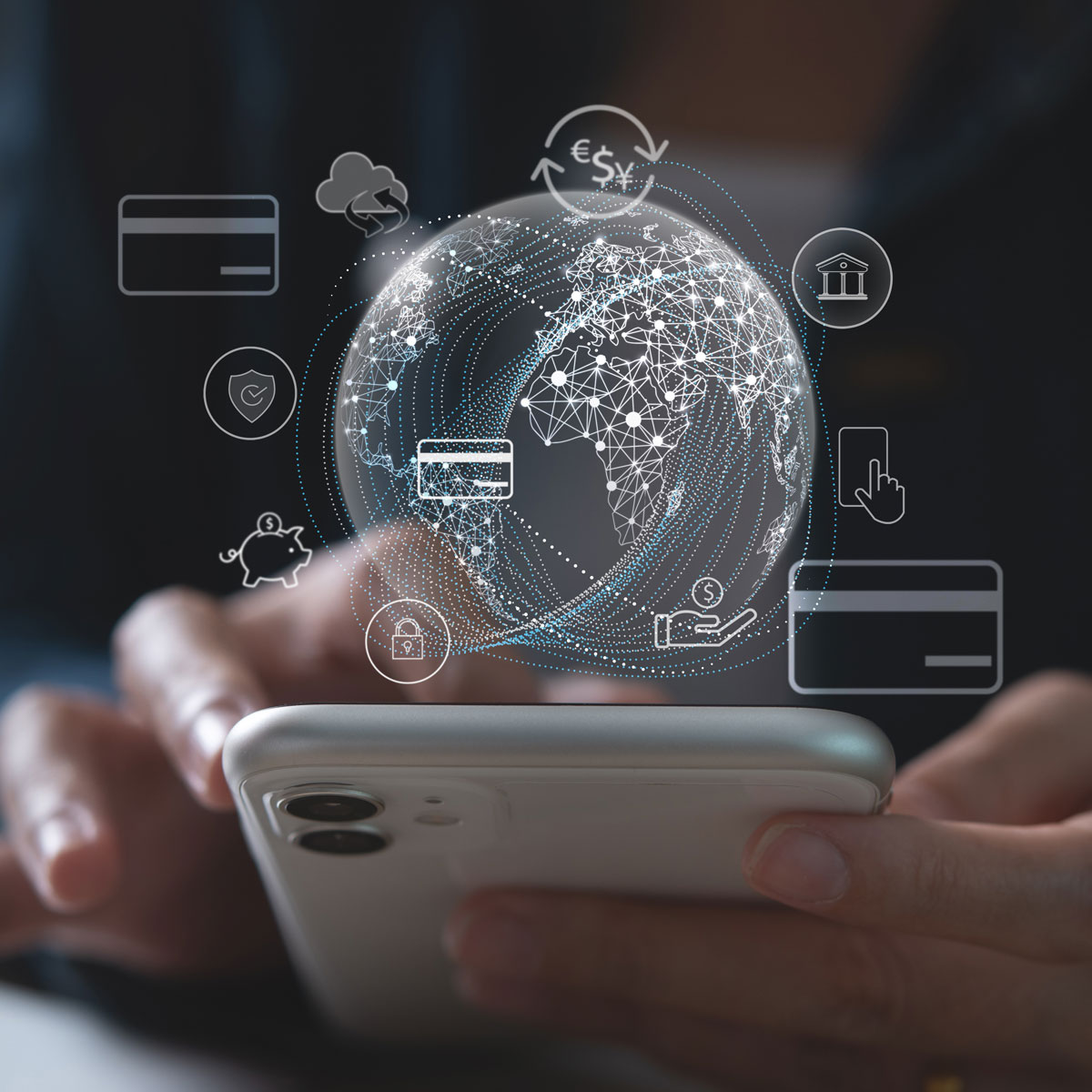 AI for banking illustration showing digital globe, smartphone, and financial icons like credit cards and security.