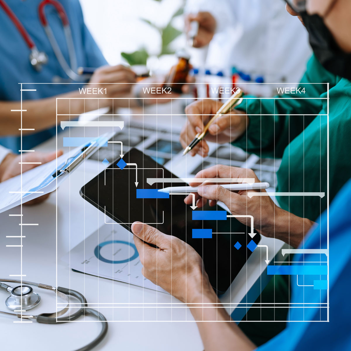 Doctors analyze data on a tablet with a projected Gantt chart, symbolizing teamwork and project management in healthcare.