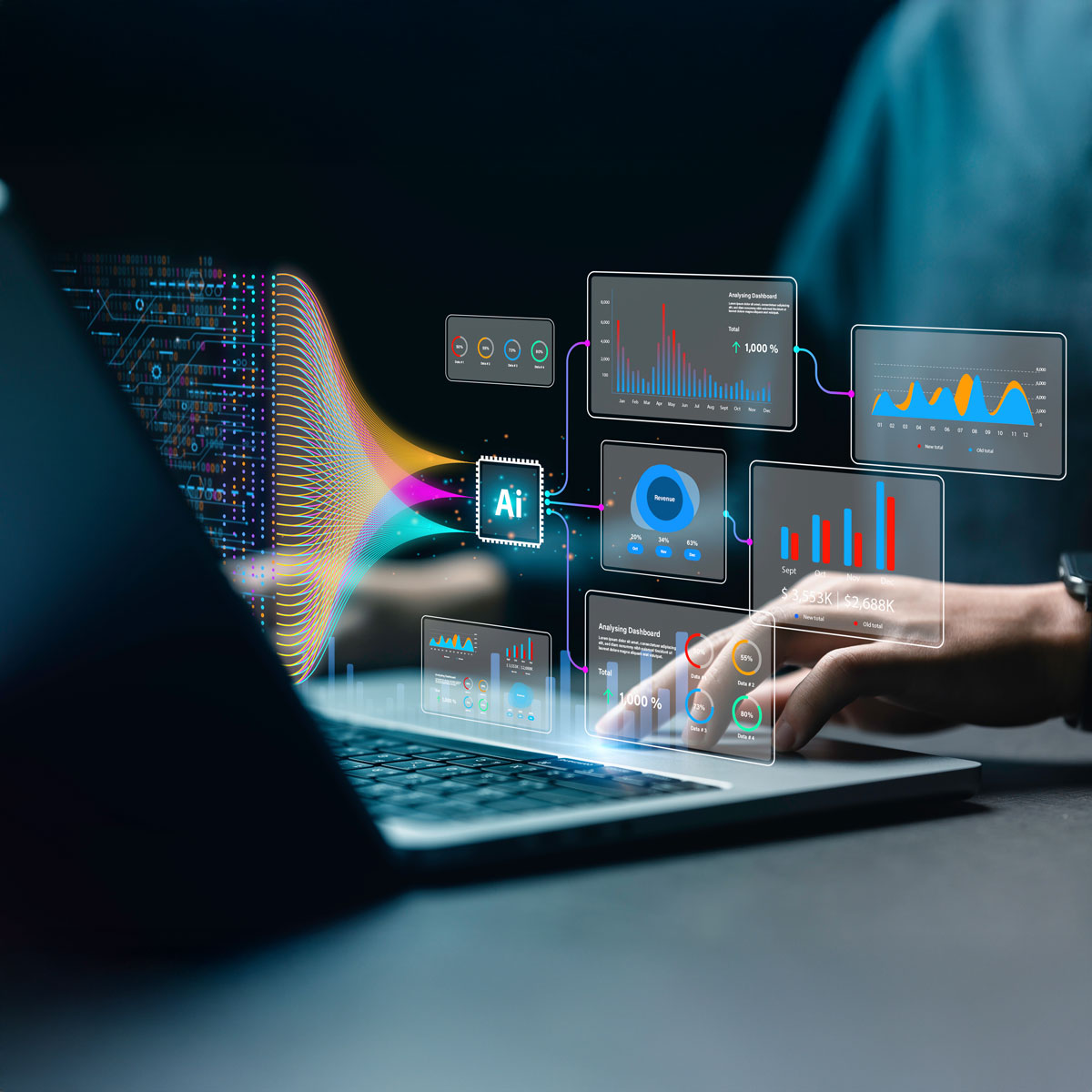 Person using laptop with AI MCP visualizations